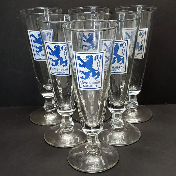Set of 6 Lowenbrau Munich Steamed Pilsner Beer Glass Mint 7.5" Tall Vtg Barware - Picture 1 of 8